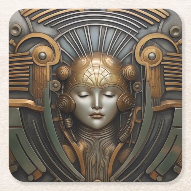 Elegant Art Deco Art Nouveau Silver Gold Metal  Square Paper Coaster (Front)