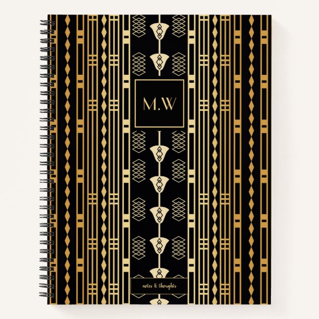 Elegant Art Deco Black and Gold Abstract Monogram Notebook (Front)