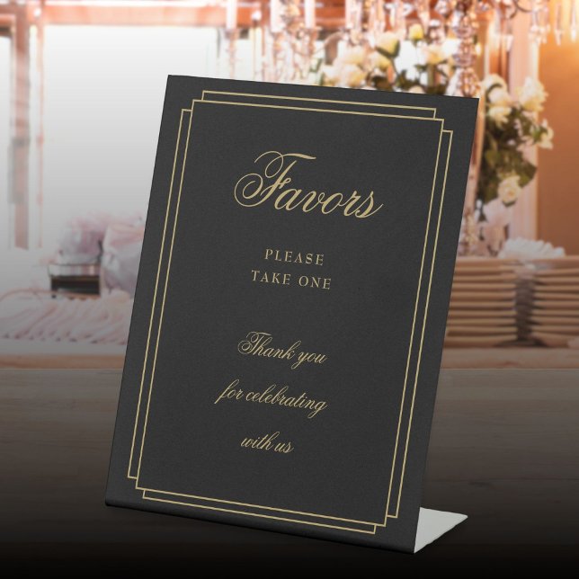 Elegant Art Deco Black And Gold Script Favours Pedestal Sign (Elegant Art Deco Black And Gold Script Favors Pedestal Sign)