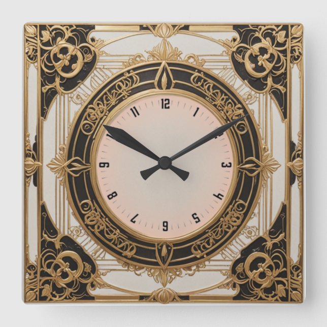 Elegant Art Deco black and gold Square Wall Clock (Front)