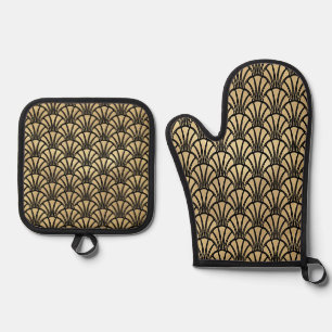Elegant Art Deco Black Gold Oven Mitt & Pot Holder Set