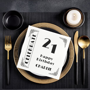 Elegant Art Deco Black & White 21st Birthday Party Napkin