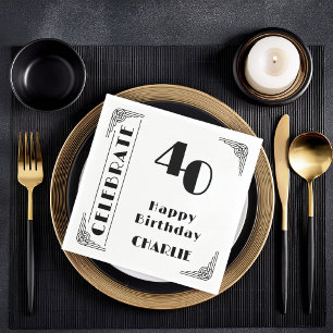 Elegant Art Deco Black & White 40th Birthday Party Napkin