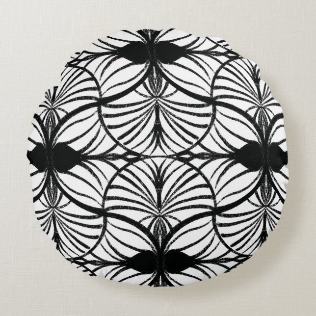 Elegant Art Deco Black & White Gouache Scallops Round Pillow (Front)