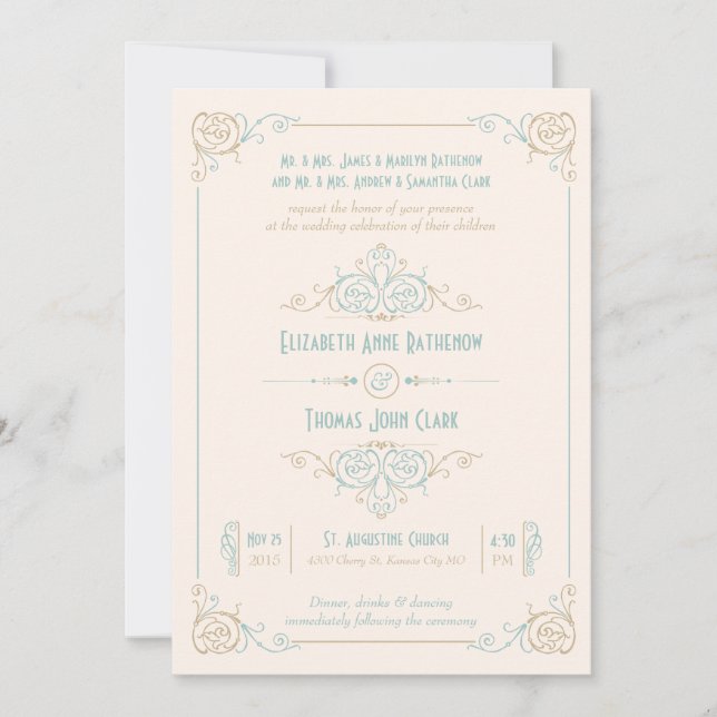 Elégant Art Déco Bleu & Crème Mariage Invitations (Devant)