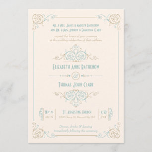 Elégant Art Déco Bleu & Crème Mariage Invitations