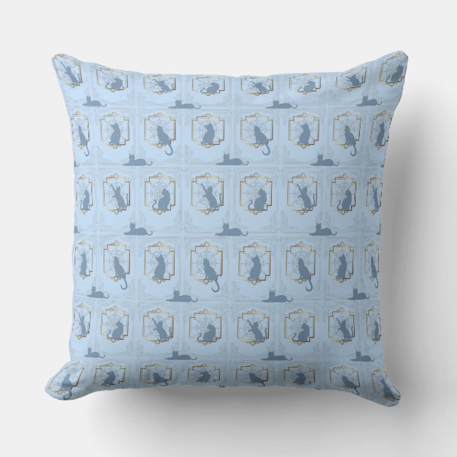 Elegant Art Deco Cats - Blue Throw Pillow (Front)