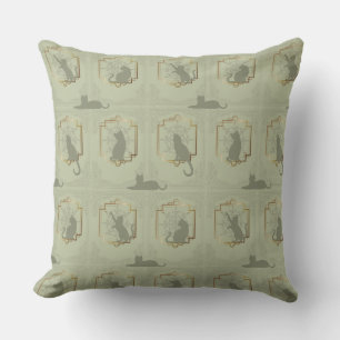 Elegant Art Deco Cats - Green Throw Pillow