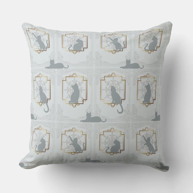 Elegant Art Deco Cats - Light Grey Throw Pillow (Front)