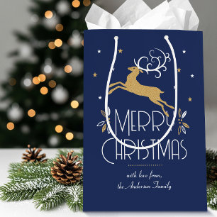 Elegant Art Deco Christmas Reindeer Dark Blue Gold Medium Gift Bag