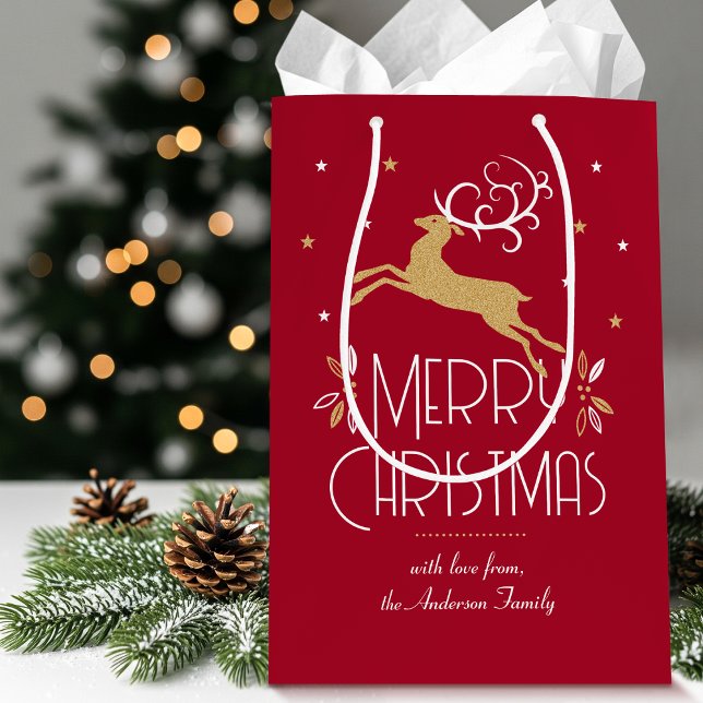 Elegant Art Deco Christmas Reindeer Deep Red Gold Medium Gift Bag (Creator Uploaded)