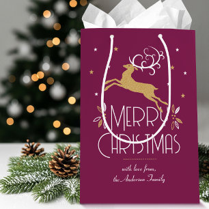 Elegant Art Deco Christmas Reindeer Plum Gold Medium Gift Bag