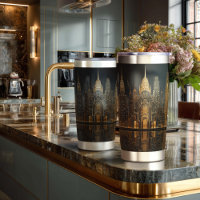 Elegant Art Deco City Skyline in Gold on Black