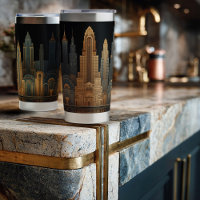 Elegant Art Deco City Skyline in Gold on Black 