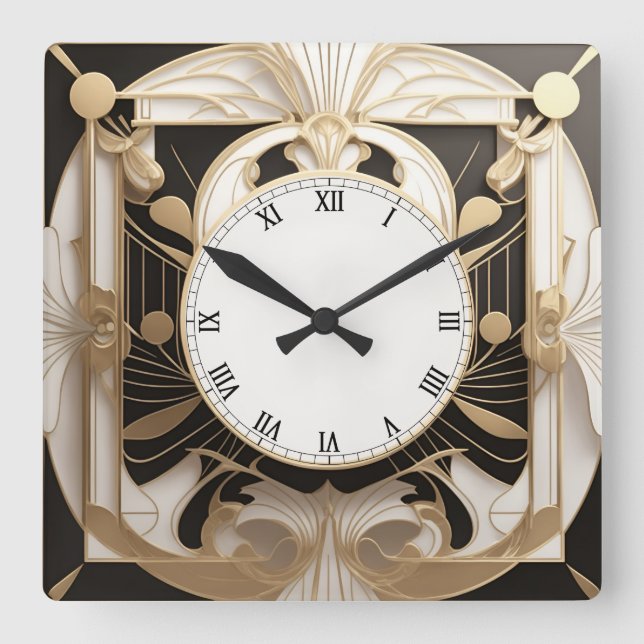 Elegant Art Deco Clock - Black and White faux Gold (Front)