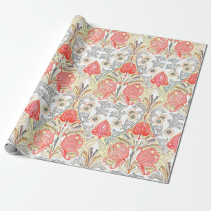 Elegant Art Deco Coral Pink Flowers Pattern Wrapping Paper