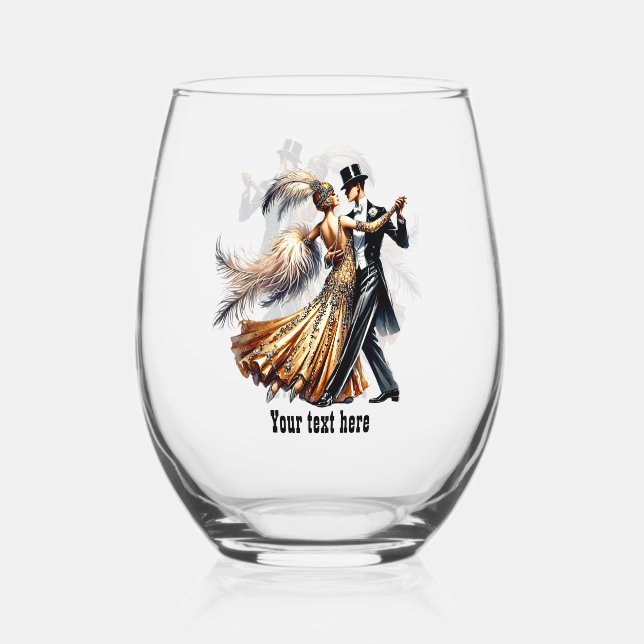 Elegant Art Deco couple customizable  Stemless Wine Glass (Front)