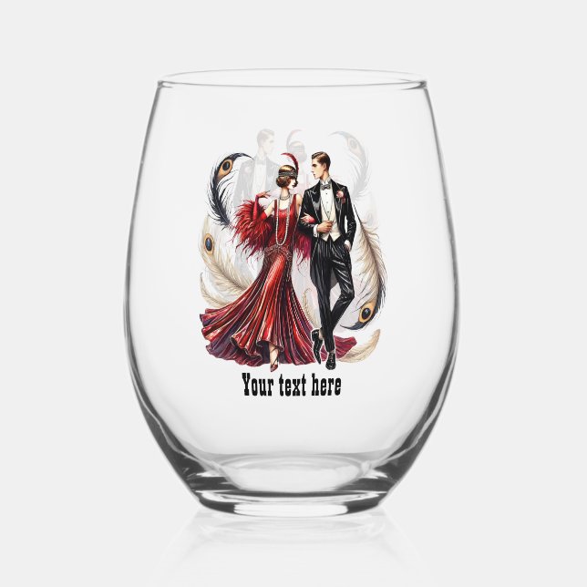 Elegant Art Deco couple customizable Stemless Wine Glass (Front)