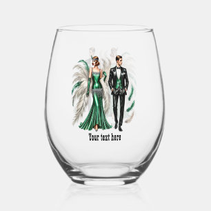 Elegant Art Deco couple customizable  Stemless Wine Glass