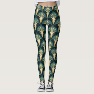 Elegant Art Deco Fan Pattern in Gold and Teal Leggings