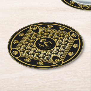 Elegant Art Deco Fan Pattern Monogram Wedding Round Paper Coaster