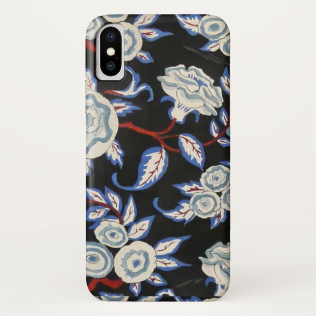 ELEGANT ART DECO FLORAL,BLUE WHITE ROSES IN BLACK Case-Mate iPhone CASE (Back)