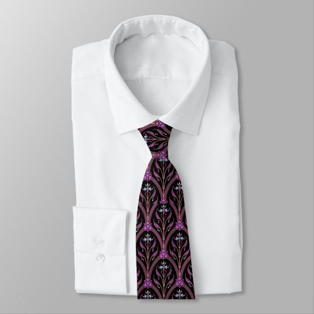 Elegant Art Deco Floral in Pink Blue Black Tie (Tied)