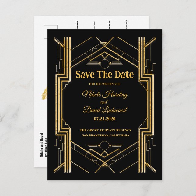 Elegant Art Deco Gatsby Save The Date  Announcement Postcard (Front/Back)