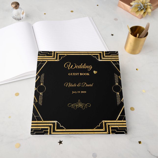 Elegant Art Deco Gatsby Wedding Guest Book (Front Open)
