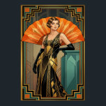 Elegant Art Deco Gatsby Woman Portrait Gold Poster<br><div class="desc">Embrace the peak of Jazz Age elegance with this sophisticated Art Deco portrait of a woman in a beaded gown. With a rich teal and gold color palette, she is positioned against a massive orange sunburst fan. Opulent geometric borders frame this piece, making it an ideal choice for a luxury...</div>