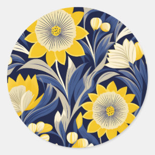 Elegant Art Deco Geometric Navy and Yellow Floral Classic Round Sticker