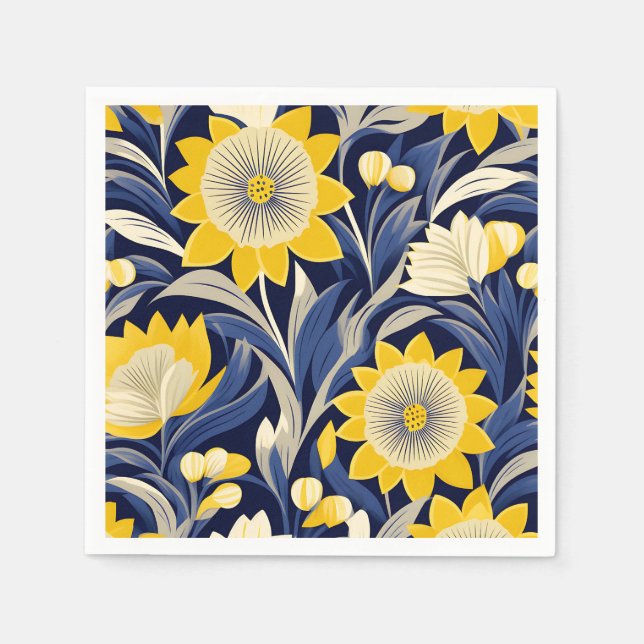 Elegant Art Deco Geometric Navy and Yellow Floral  Napkin (Front)