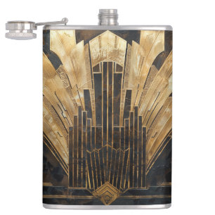  Elegant Art Deco Gold Black Cityscape Hip Flask