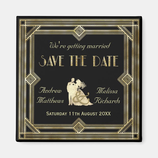 Elegant Art Deco Gold Black Save the Date Magnet (Front)