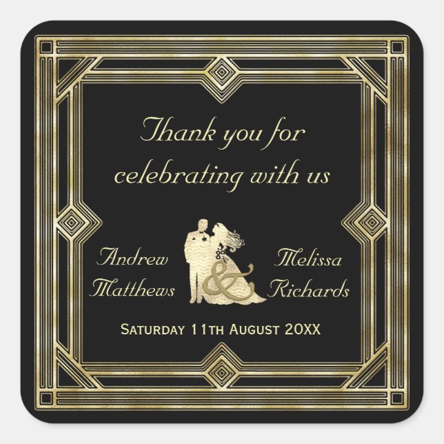 Elegant Art Deco Gold Black Wedding Favour Custom Square Sticker (Front)