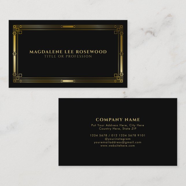 Elegant Art Deco Gold Frame on Black Business Card (Front/Back)