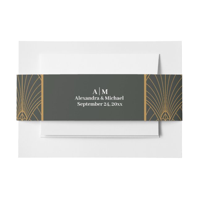 Elegant Art Deco Gold Green Wedding Invitation Belly Band (Front Example)