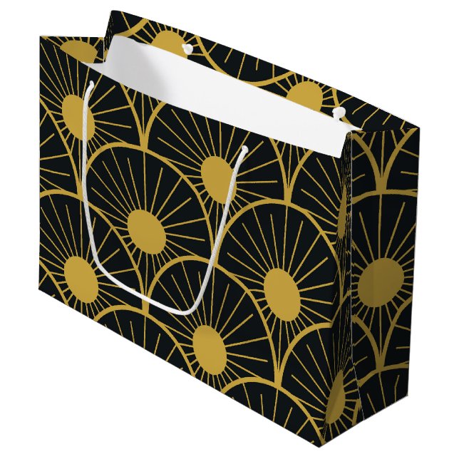 Elegant Art Deco Gold Sun Pattern on Black  Large Gift Bag (Front Angled)