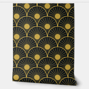 Elegant Art Deco Gold Sun Pattern on Black Wallpaper