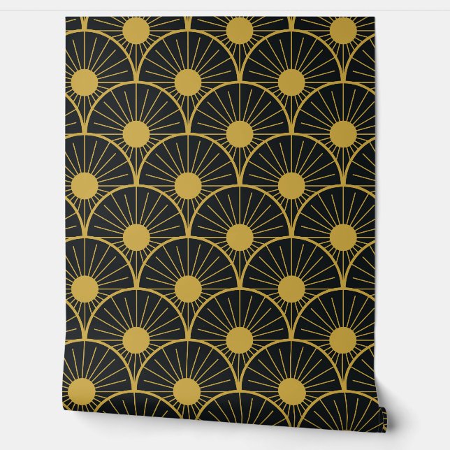 Elegant Art Deco Gold Sun Pattern on Black Wallpaper (Unrolling)