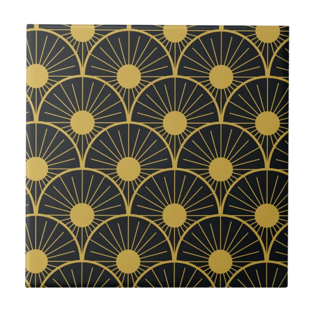 Elegant Art Deco Golden Abstract Sun on Black Tile (Front)