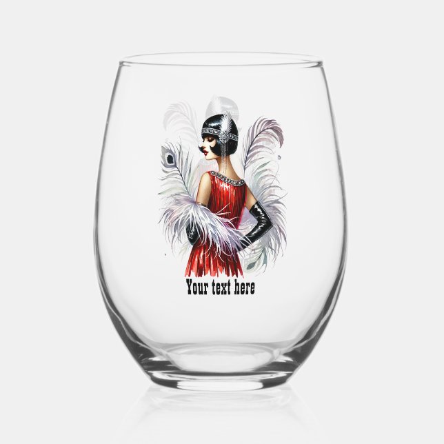 Elegant Art Deco lady customizable  Stemless Wine Glass (Front)