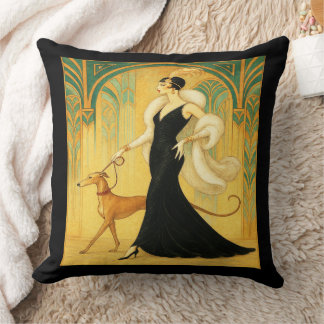 Elegant Art Deco Lady with Greyhound   Throw Pillow