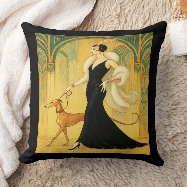 Elegant Art Deco Lady with Greyhound   Throw Pillow (Blanket)