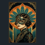 Elegant Art Deco Masquerade Woman Gold Teal Poster<br><div class="desc">Step into the mystery and glamour of a 1920s gala with this exquisite Art Deco portrait. Featuring a sophisticated woman in a stunning teal and gold filigree mask, adorned with a dramatic peacock-style feather headpiece. Set against a radiant orange sunburst and framed by bold, black geometric patterns, this piece captures...</div>