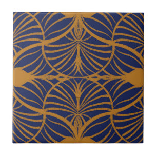 Elegant Art Deco Mustard & Cobalt Blue Scallops Tile