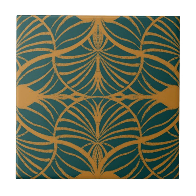 Elegant Art Deco Mustard & Teal Gouache Scallops Tile (Front)