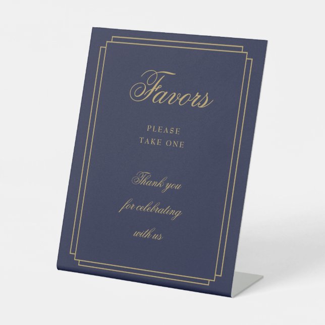 Elegant Art Deco Navy Blue And Gold Script Favours Pedestal Sign (Front)