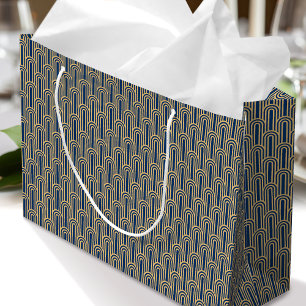 Elegant Art Deco Pattern Arches Navy Gold Chic Large Gift Bag