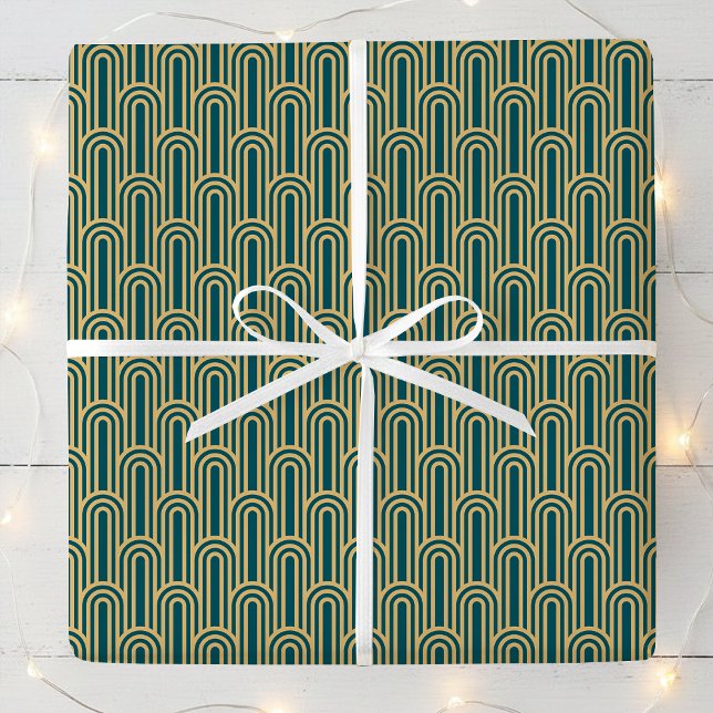 Elegant Art Deco Pattern Arches Teal Gold Chic Wrapping Paper (Creator Uploaded)